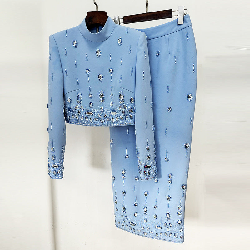 High Street Fashion 2026 Early Spring New Style High-End Heavy-Duty Beaded and Rhinestone-Embellished Short Top and Long Skirt Two-Piece Set