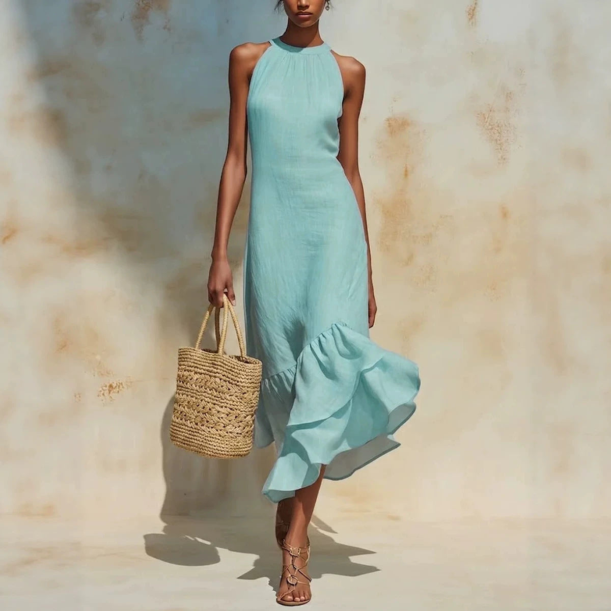 Disney-Inspired 2026 Summer European-Style Sleeveless Linen-Cotton Maxi Dress with Irregular Ruffle Fishtail Hem