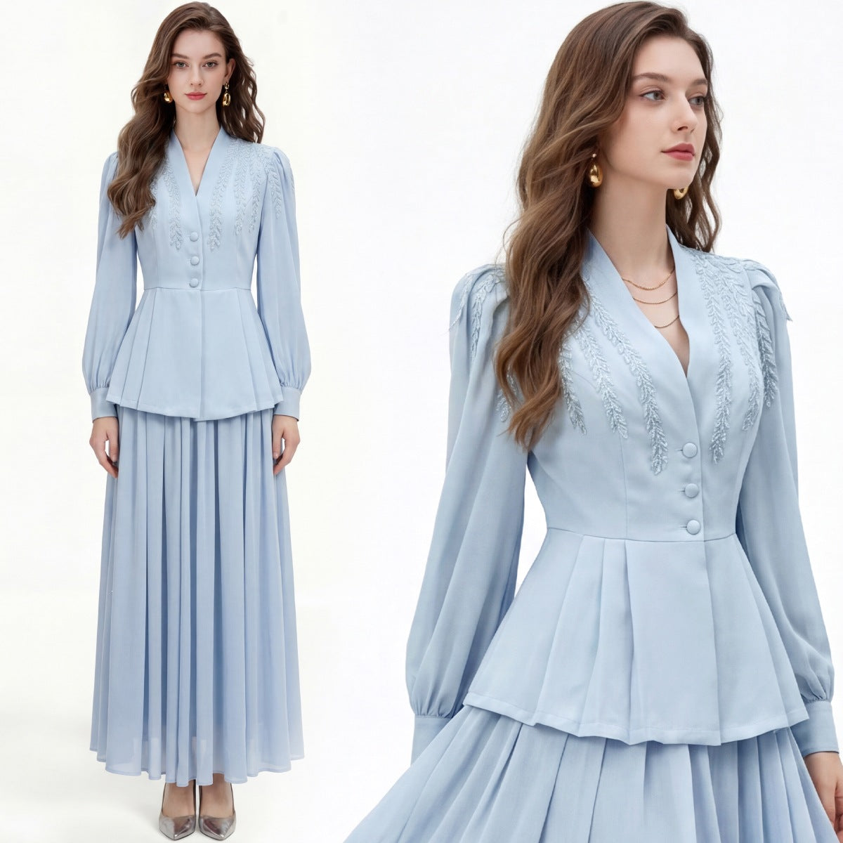 Real Shot of a High-End Chanel-Style Fashion Set: Elegant Long-Sleeve Slim-Fit Waist-Cinching Single-Breasted Pleated Dress