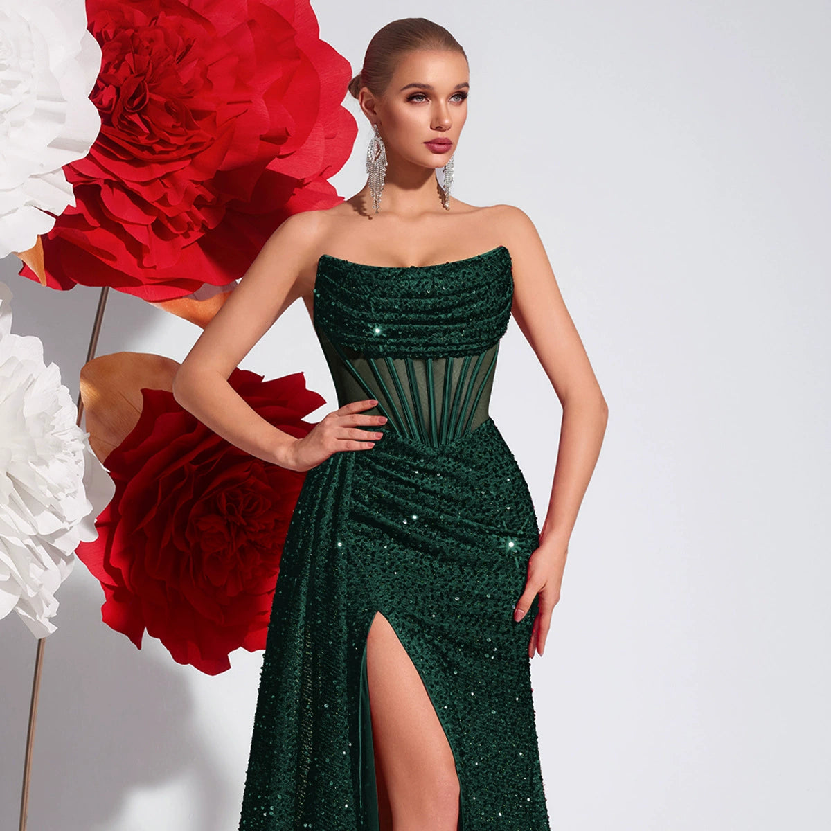 New Sequined Tube Top Slimming Look Evening Dress High Slit Model Catwalk Banquet Accessible Luxury Party Dress