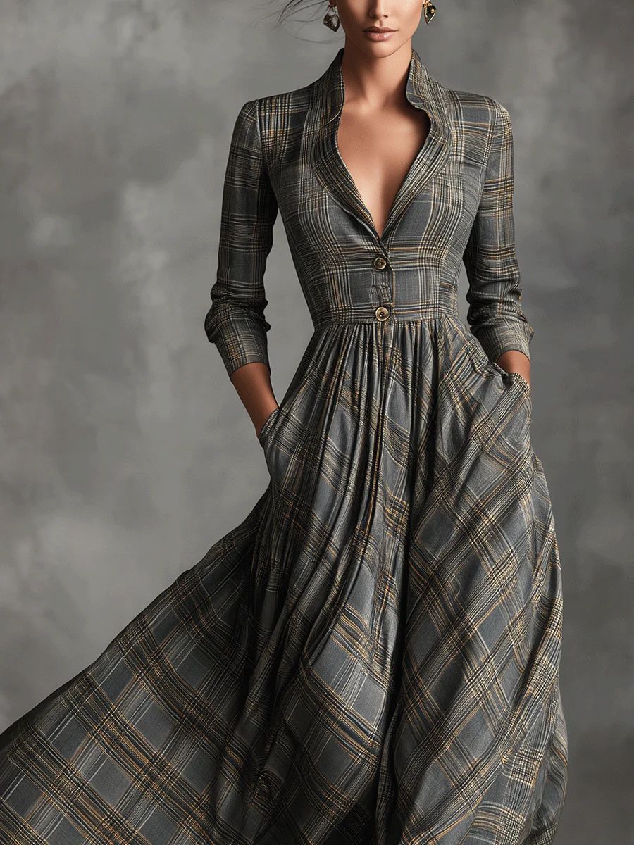 2025 Cross-Border European and American Clothing Autumn and Winter Retro Plaid Long Skirt with Elegant Elegant V Neck French Style Dress