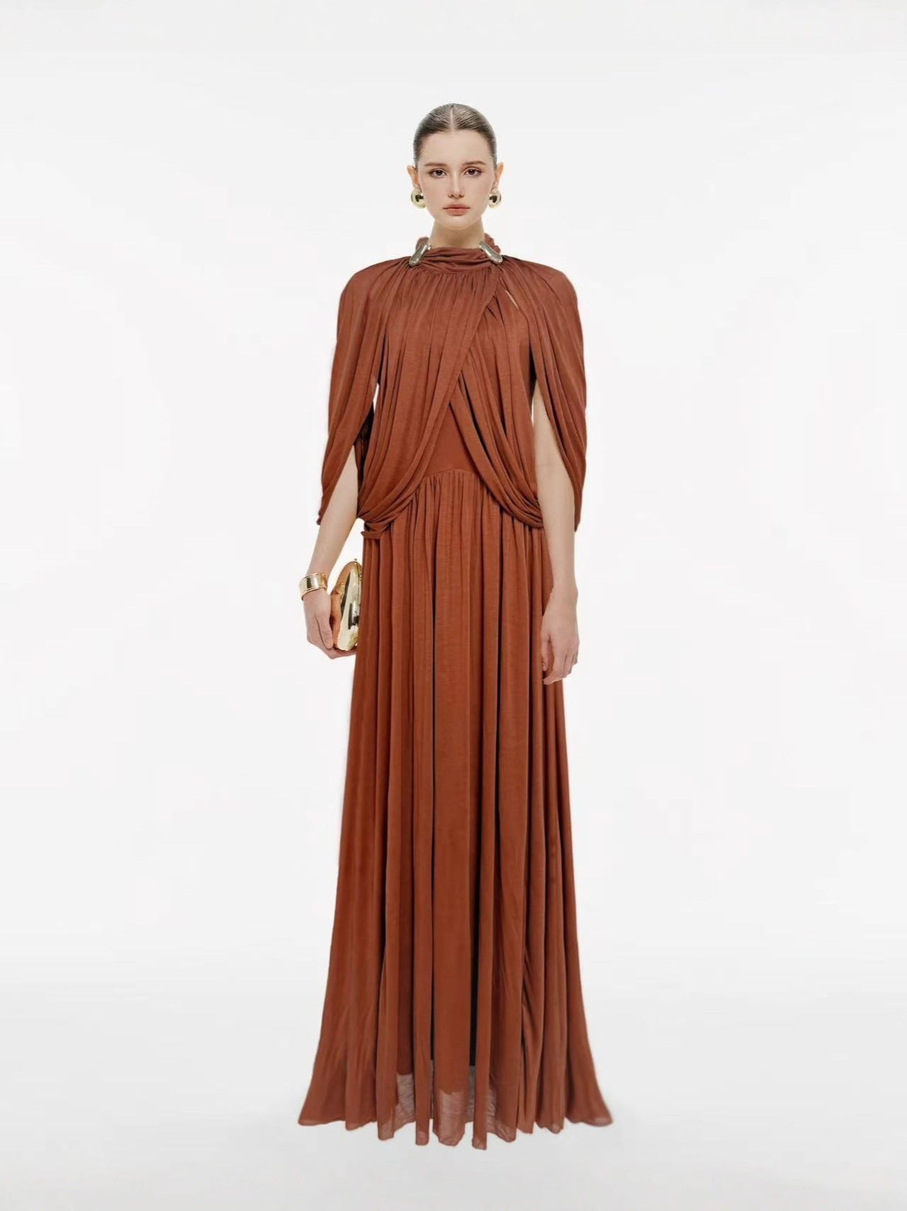 European and American Foreign Trade Cross-Border 2025 Autumn New Style Stand Collar Elegant Solid Color Pleated Knit Long Dress
