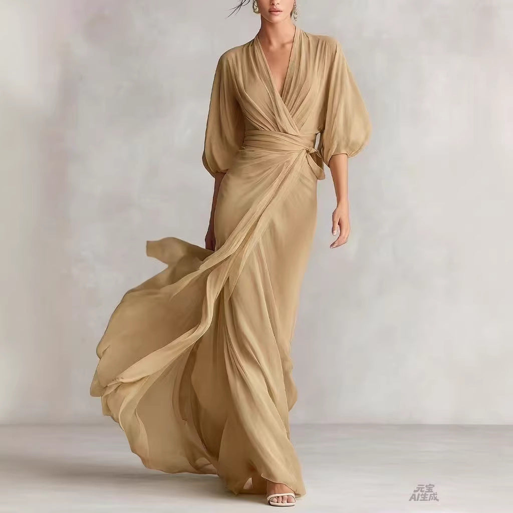 2026 European and American Amazon Socialite Deep V-Neck Long Dress with Lantern Sleeves and Cinched Waist for Romantic Autumn Banquets