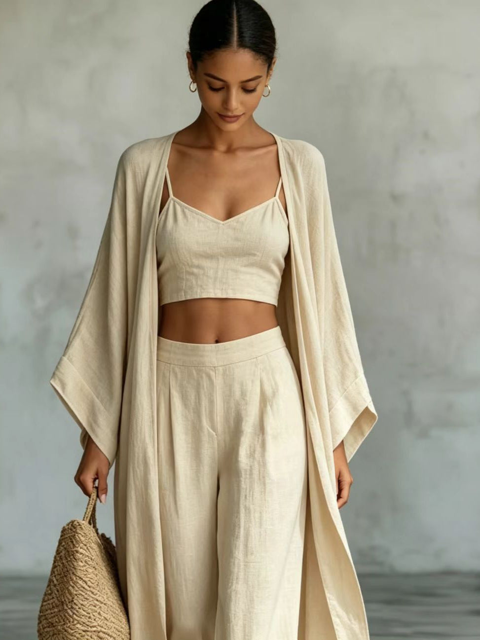 Enchanted Summer Elegance: Premium Cotton-Linen Three-Piece Set with Cardigan, Suspender Top, and Wide-Leg Trousers