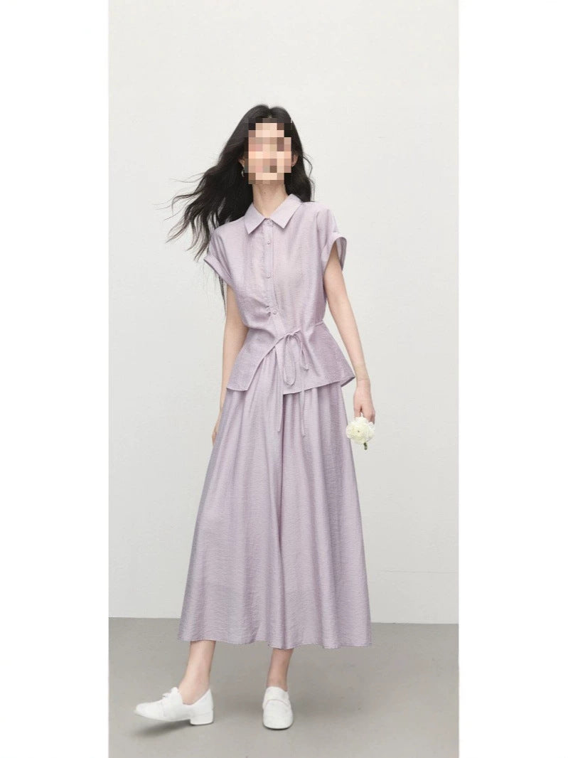 Xishijie Gentle and Sophisticated Style Purple Outfit Summer Women's Lightweight Linen Shirt and Cropped Skirt Pants Two-Piece Set