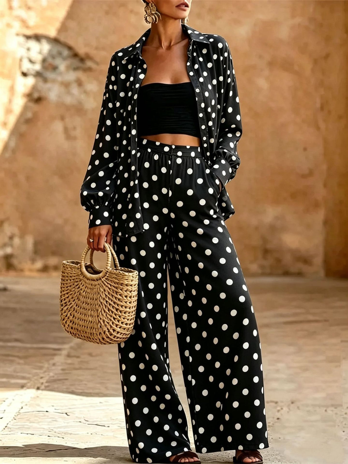 2026 Spring and Autumn Polka Dot Casual Suit for Women, Loose Wide-Leg Pants Two-Piece Set, Fashionable and Versatile Commuting Design