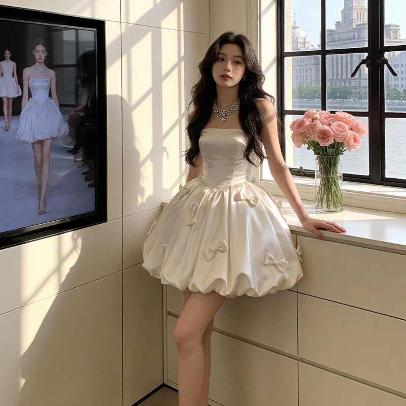 French-Style Princess-Style Strapless Waist-Cinching Slimming Puffy Dress Engagement Party Dress White Dress for Marriage Registration