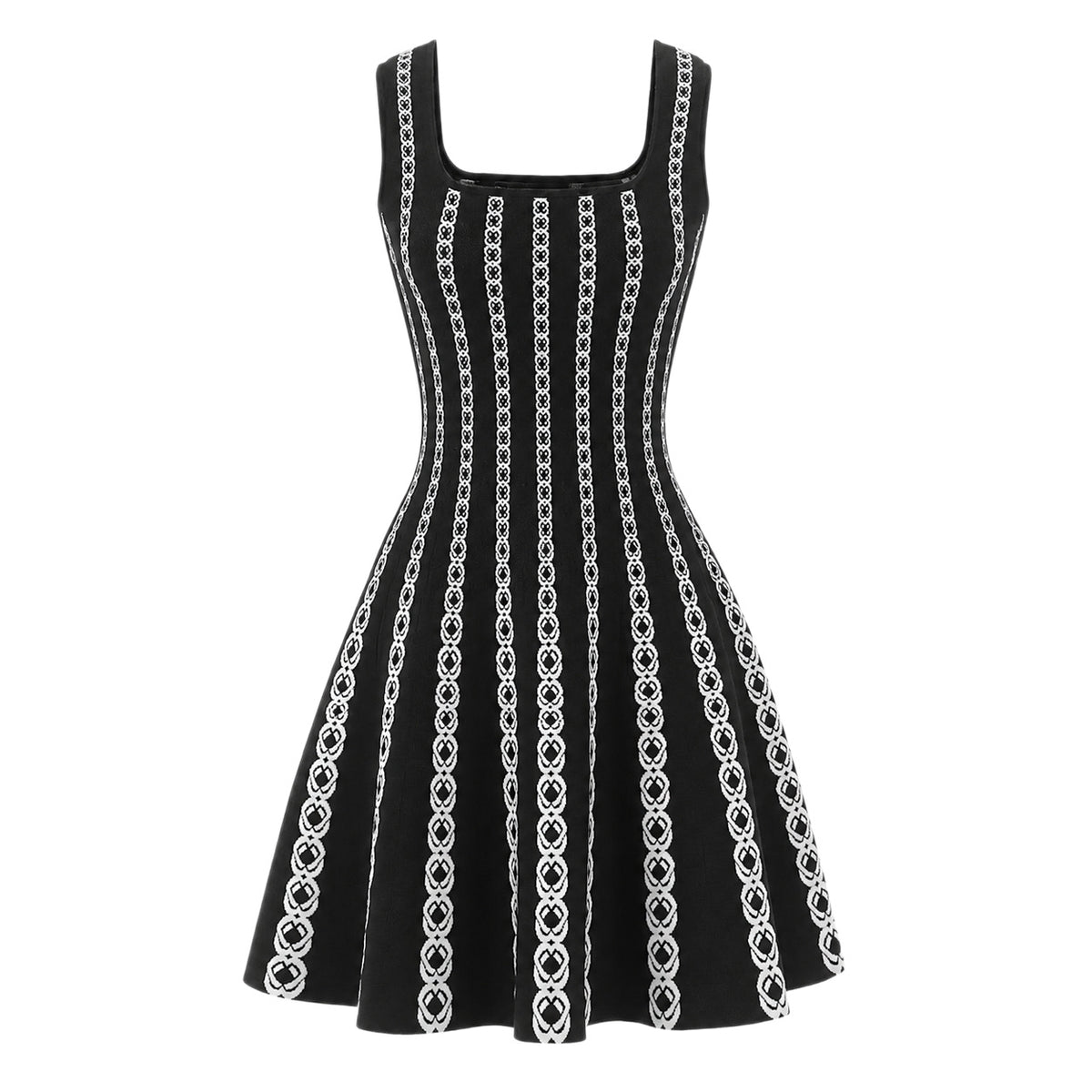 m家黑白链条条纹针织背心裙女amzon方领skater knit dress连衣裙