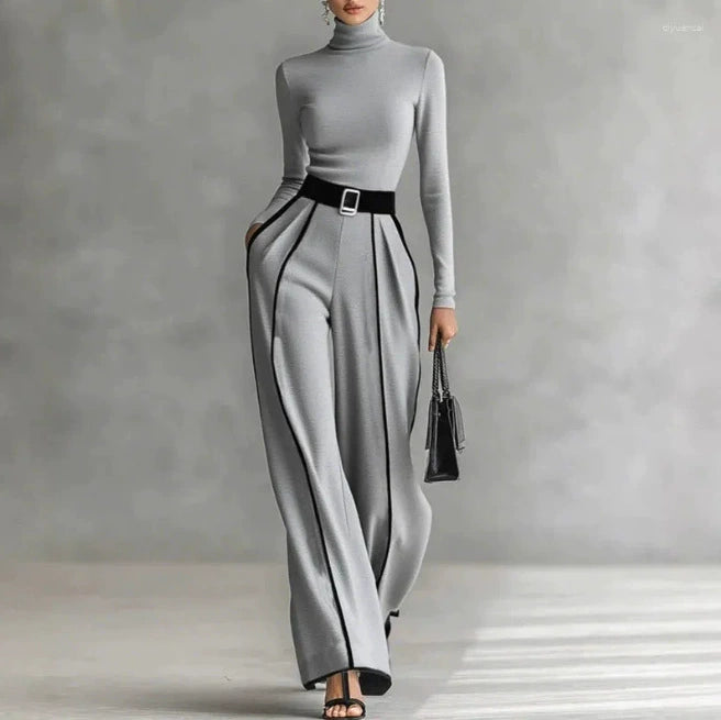 2025 New Autumn and Winter Elegant Stand-Up Collar Contrasting Color Hemming Waist Slimming Look Long-Sleeved Knitted + Wide-Leg Pants Two-Piece Set