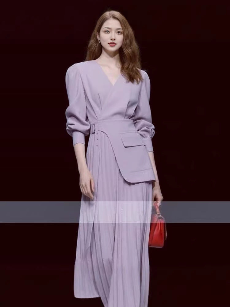 时尚连衣裙女2026早春高级感收腰气质西装通勤灰紫色V领显瘦长裙