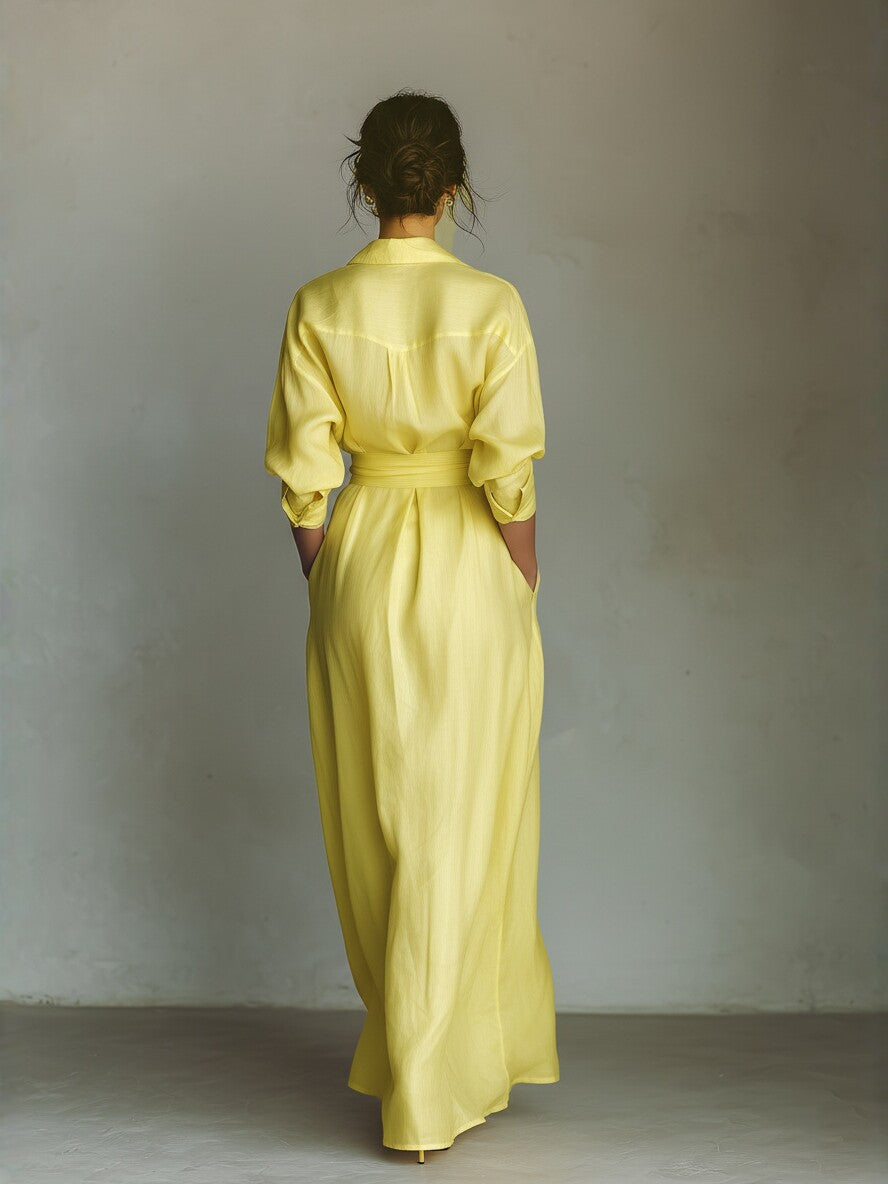 Enchanted 2026 Yellow V-Neck Tie-Waist Maxi Dress - Vacation Elegance