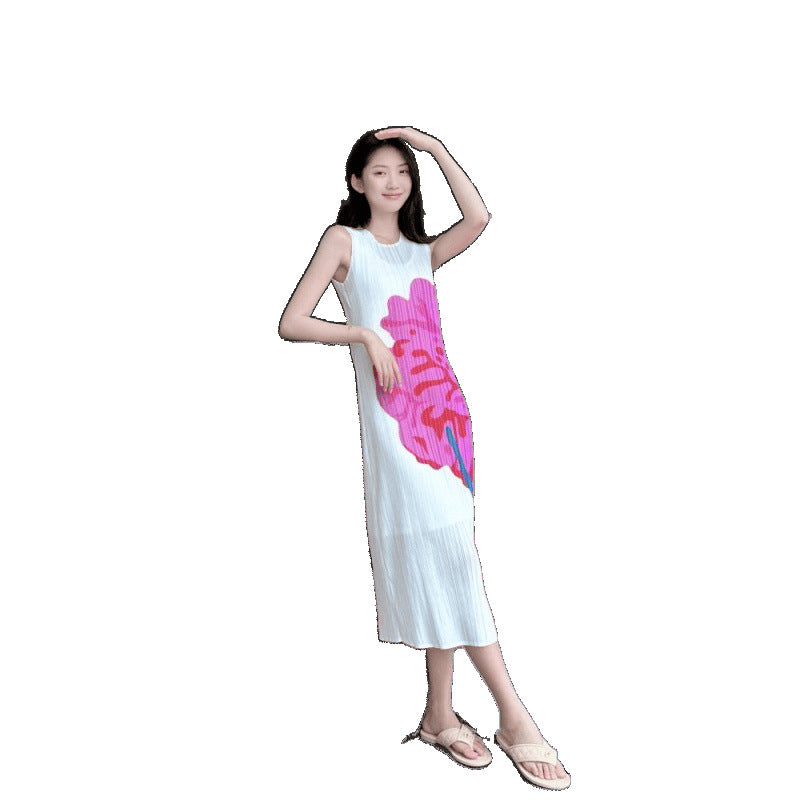 Miyake Dress, Pleated Skirt, Loose and Slimming Look, Ladylike Elegant, Sleeveless Round Neck, High-End Dress, Long Skirt