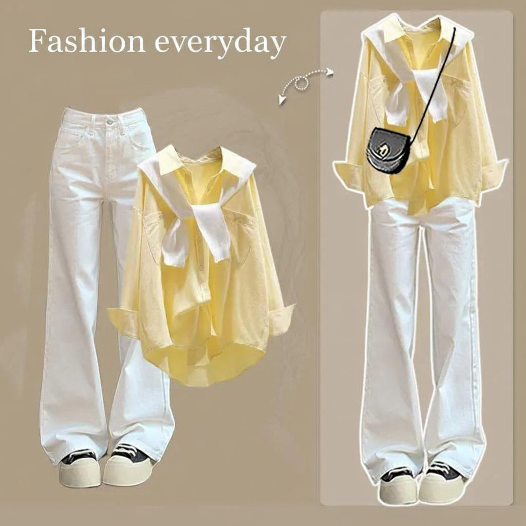 plus size women's autumn suit women's 2024 new fashion age-reducing shirt shawl waist jeans three-piece set