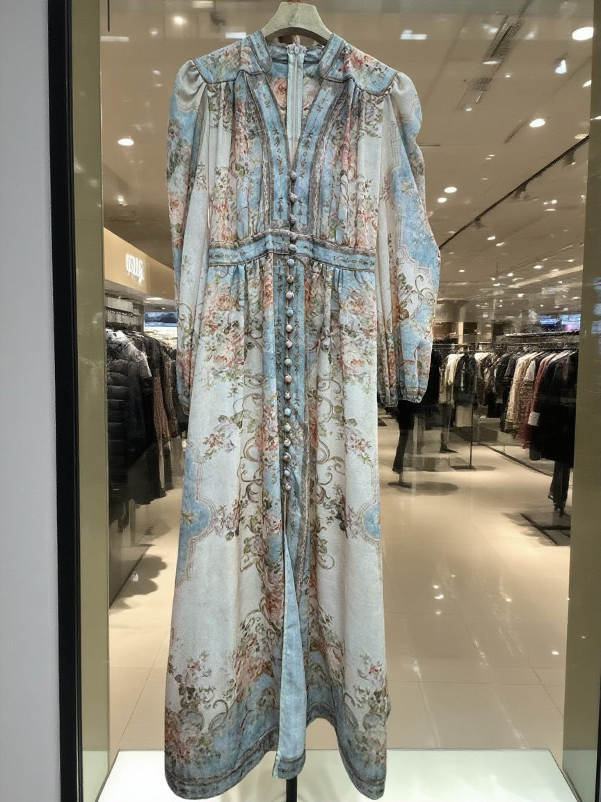 Ready-Made Holiday Style Printed Single-Breasted Long-Sleeved Dress for Women, Holiday Style Retro Long Skirt, Thirteen Lines Wholesale for Women
