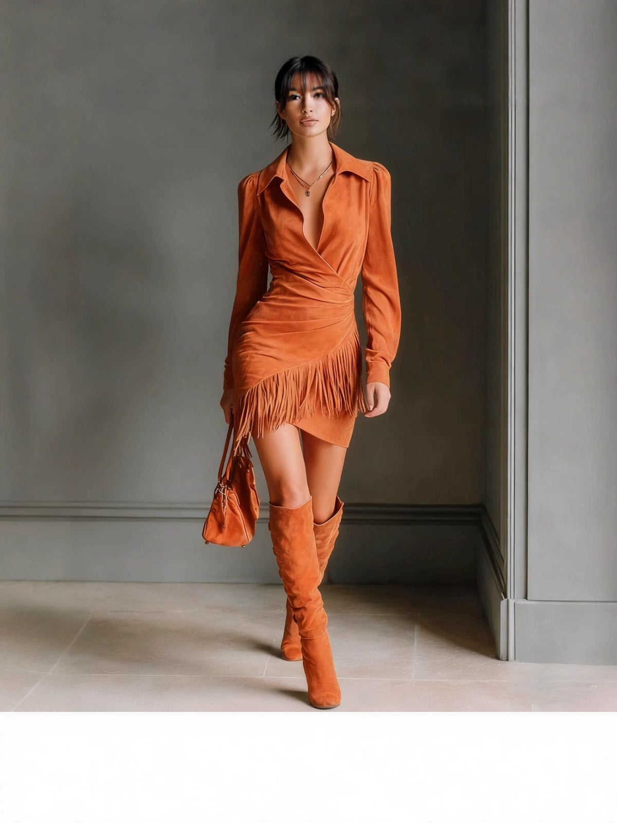 Amazon Fashion Hot-Selling Item: 2025 Western Cowboy Style Suede Fringe Slim-Fit Long-Sleeve Dress for Autumn and Winter