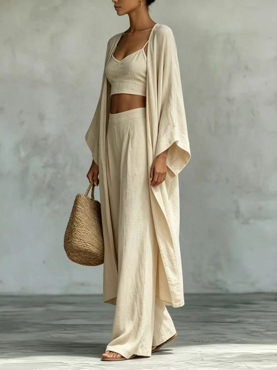 Enchanted Summer Elegance: Premium Cotton-Linen Three-Piece Set with Cardigan, Suspender Top, and Wide-Leg Trousers