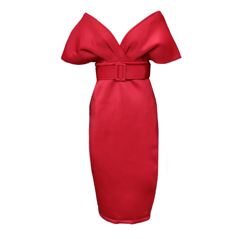 Fd522 In-Stock 2025 Autumn New Fashion Women's Solid Color Sexy Elegant V-Neck Waist Slimming Dress