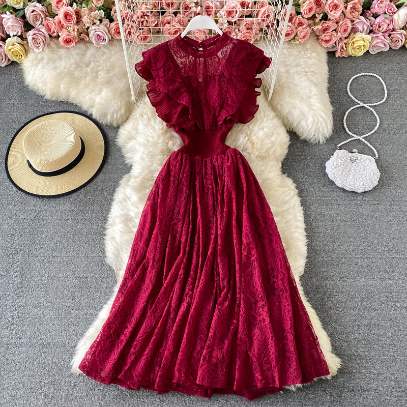 Free Shipping Spring and Autumn Lace Crewneck Dress Long-Sleeved Fashionable Slim-Fit Slimming Elegant Ruffled Long Dress