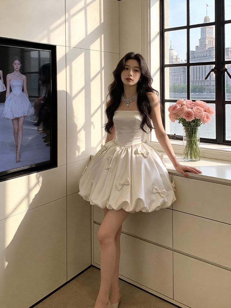 French-Style Princess-Style Strapless Waist-Cinching Slimming Puffy Dress Engagement Party Dress White Dress for Marriage Registration