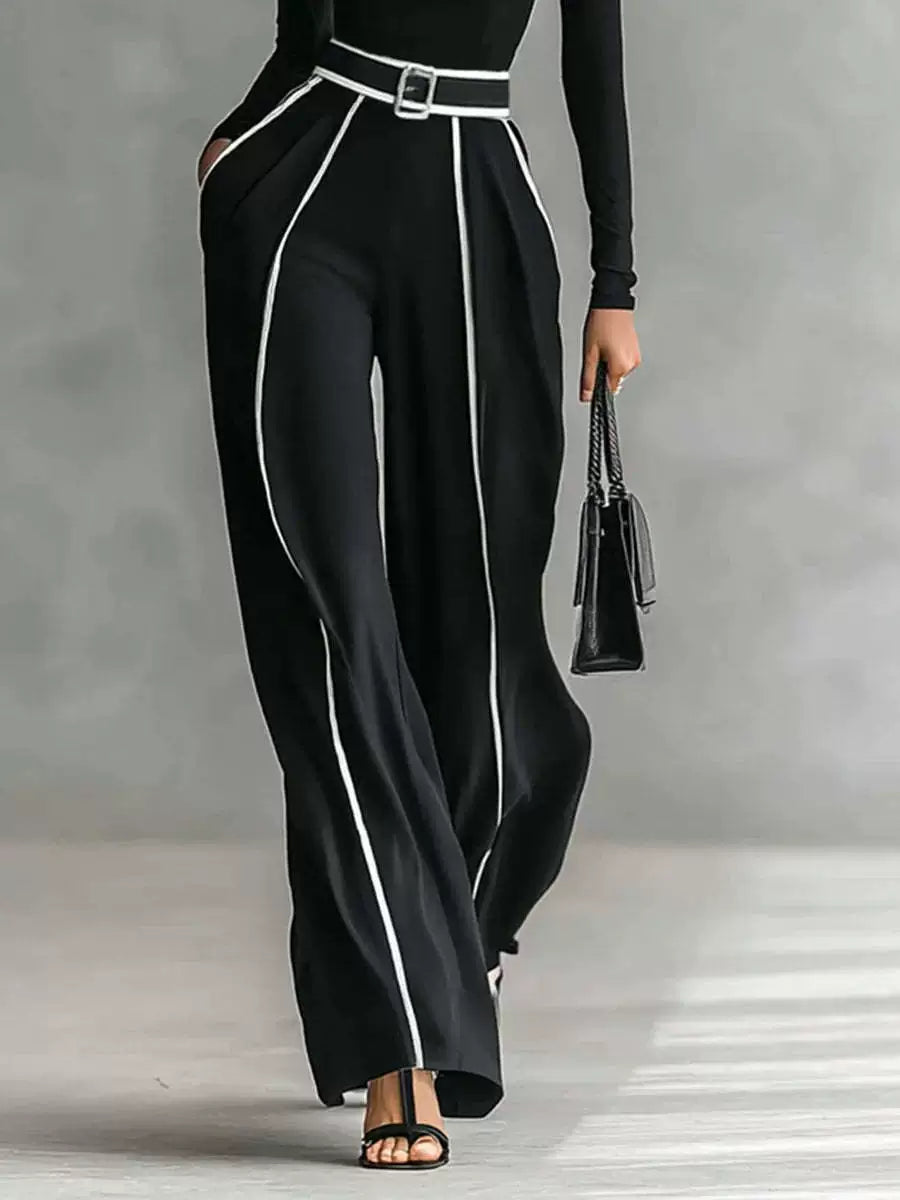 2025 New Autumn and Winter Elegant Stand-Up Collar Contrasting Color Hemming Waist Slimming Look Long-Sleeved Knitted + Wide-Leg Pants Two-Piece Set