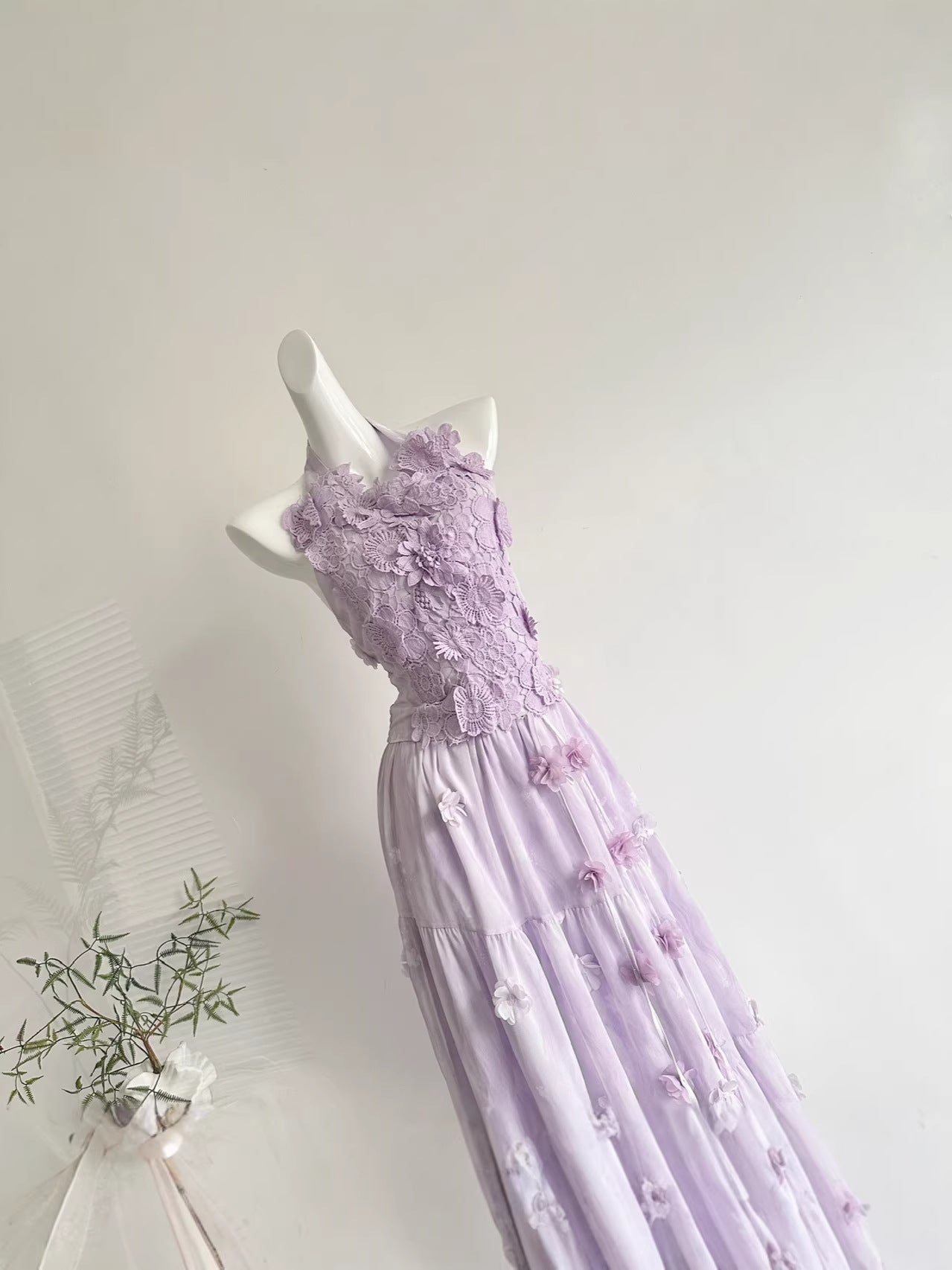 "Xinxing" Summer Slightly Tipsy Rosemary Purple Gradient Three-Dimensional Floral Lace Halter Top and Skirt Two-Piece Set