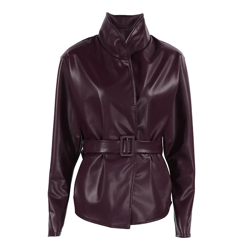 American Retro Burgundy Autumn and Winter Leather Jacket for Women, High-End Long-Sleeved Stand-Up Collar Belt, Waist Slimming Look Leather Jacket