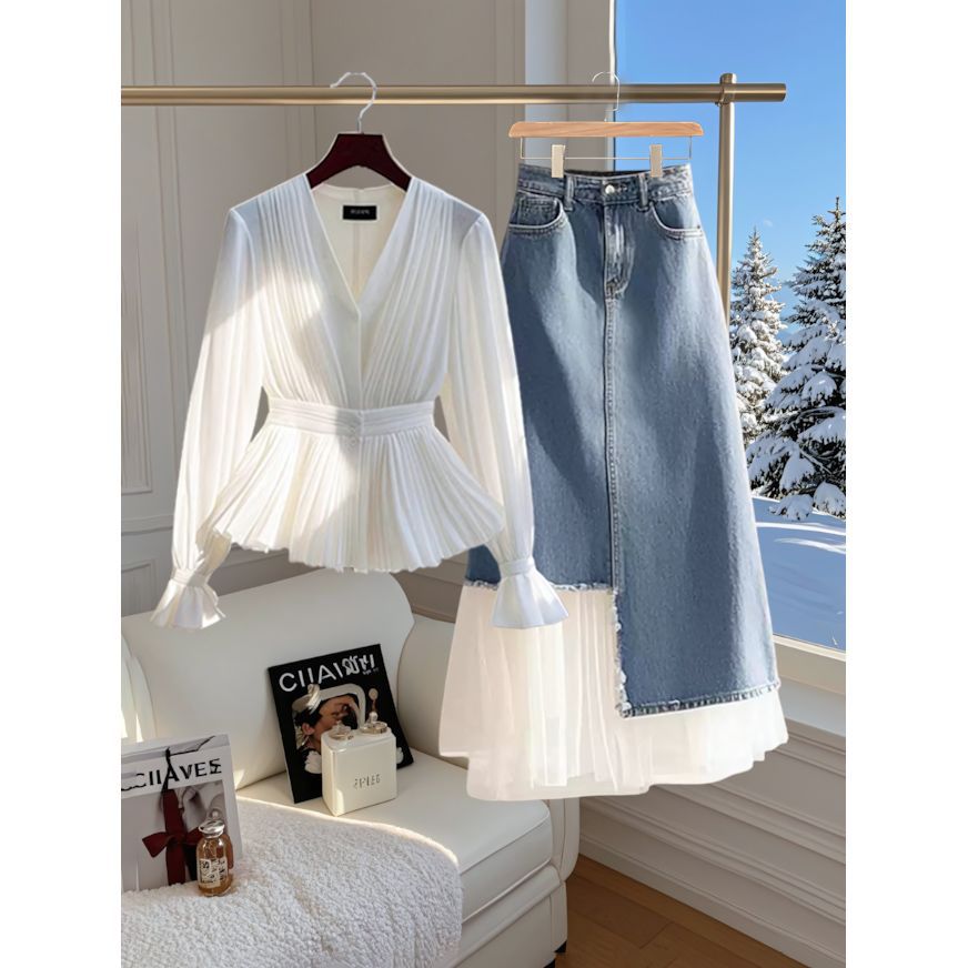 Early Spring French-Style Elegant Long-Sleeve Top with Denim Patchwork High-Waisted Hip-Covering Skirt Set New Arrival