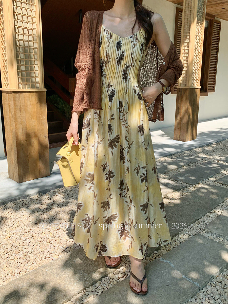 SE白标-“海边落日”度假神裙~法式度假风吊带交叉露背连衣裙88695