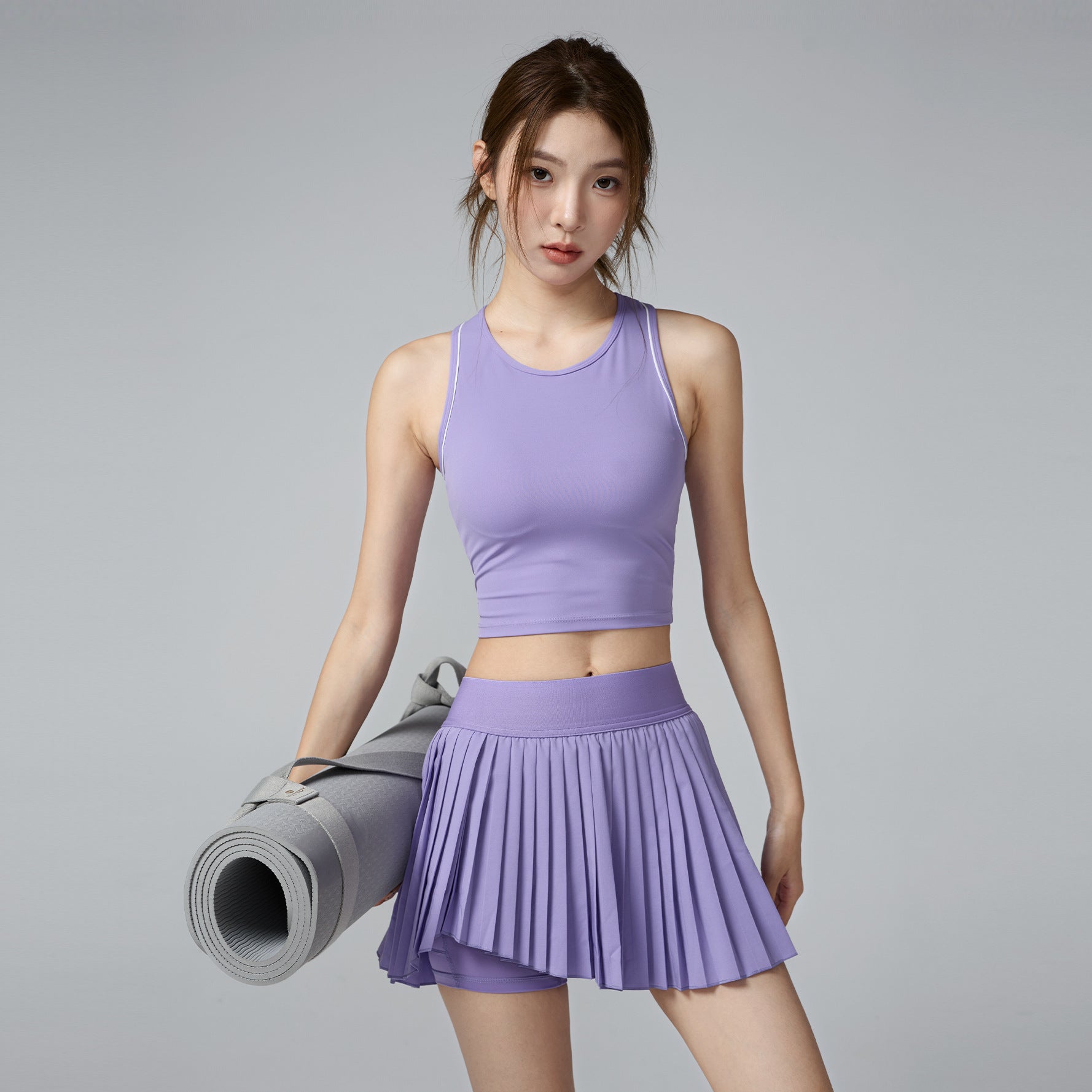 Solid Color Vest Asymmetrical Pleated Skirt Set Tennis Badminton Sports Fitness Casual Quick-Dry Yoga Outfit Set