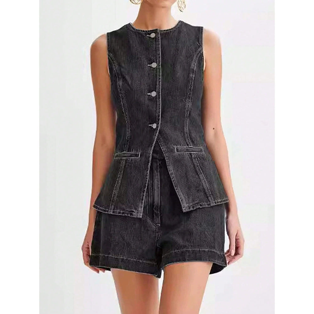PAPARAZZI CLOSET European and American Trendy Denim Sleeveless Tops and Shorts Suit