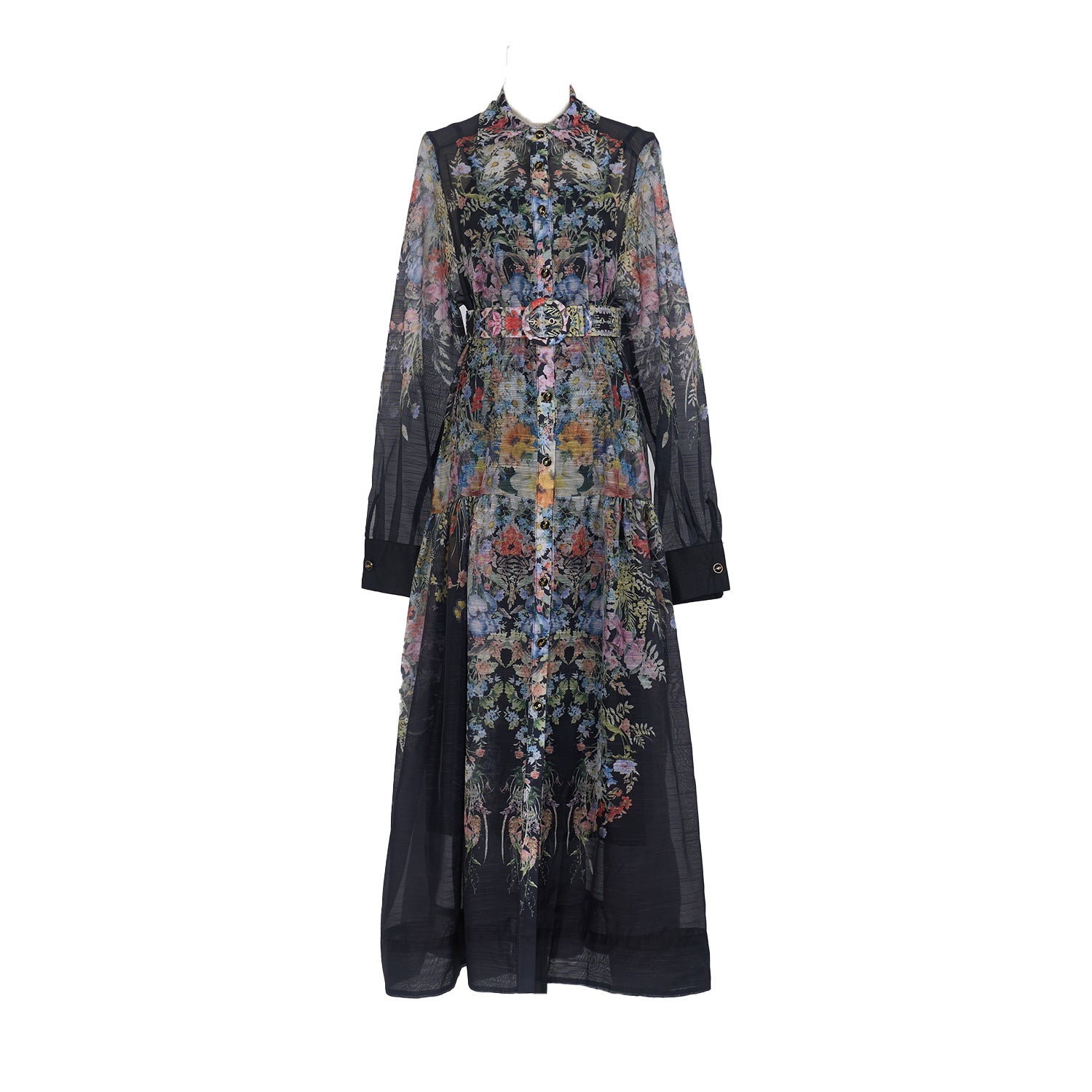European and American Style Long-Sleeve Dress with a Wide Hem, Belt, Single-Breasted Design, and Printed Pattern, Suitable for the Beach in Sanya