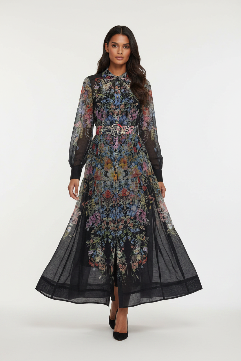 European and American Style Long-Sleeve Dress with a Wide Hem, Belt, Single-Breasted Design, and Printed Pattern, Suitable for the Beach in Sanya