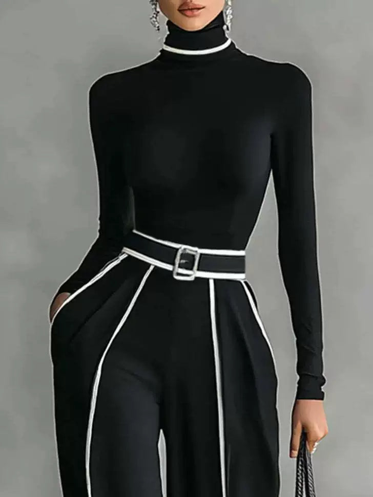 2025 New Autumn and Winter Elegant Stand-Up Collar Contrasting Color Hemming Waist Slimming Look Long-Sleeved Knitted + Wide-Leg Pants Two-Piece Set