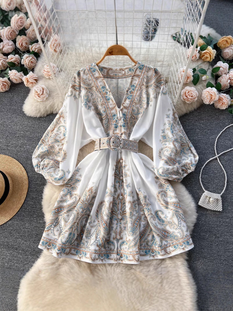 Disney-Inspired French Retro Floral V-Neck Lantern Sleeve Midi Dress