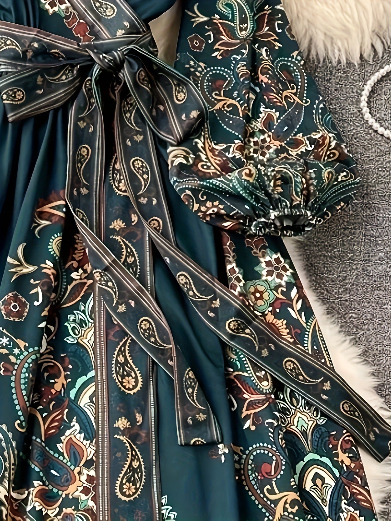 2026 Early Spring Cross-Border European and American Women's V-Neck Ethnic Style Long-Sleeve Printed Dress with Waist Tie
