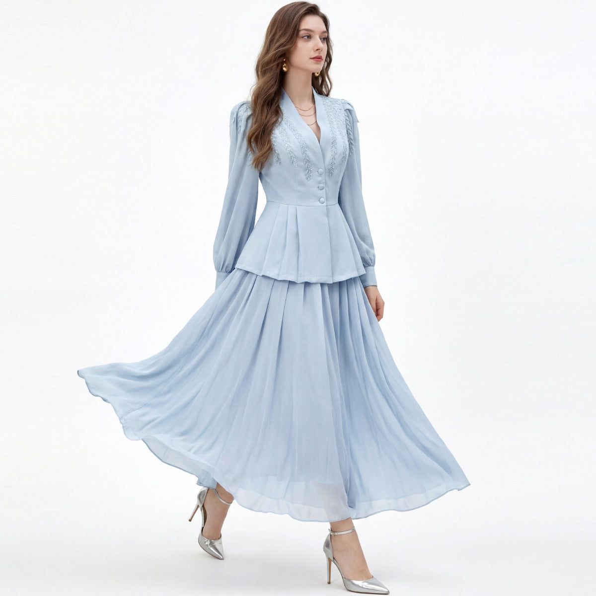 Real Shot of a High-End Chanel-Style Fashion Set: Elegant Long-Sleeve Slim-Fit Waist-Cinching Single-Breasted Pleated Dress