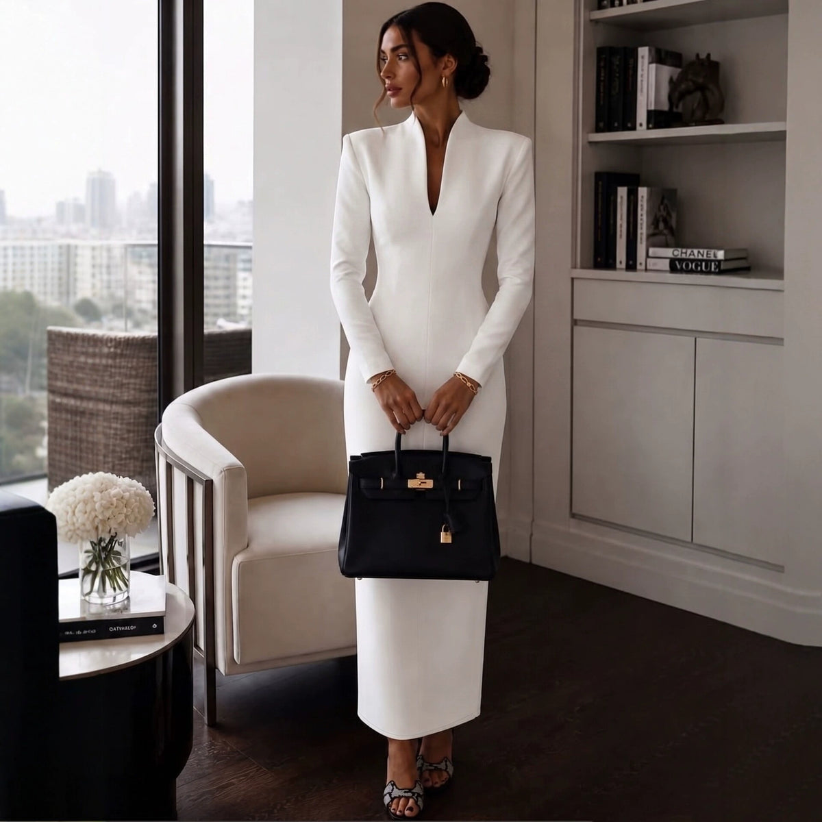 2026 Amazon Independent Station Cross-Border Stand Collar V-Neck Long Sleeve Waist-Cinching Bodycon Dress Gown Light Luxury