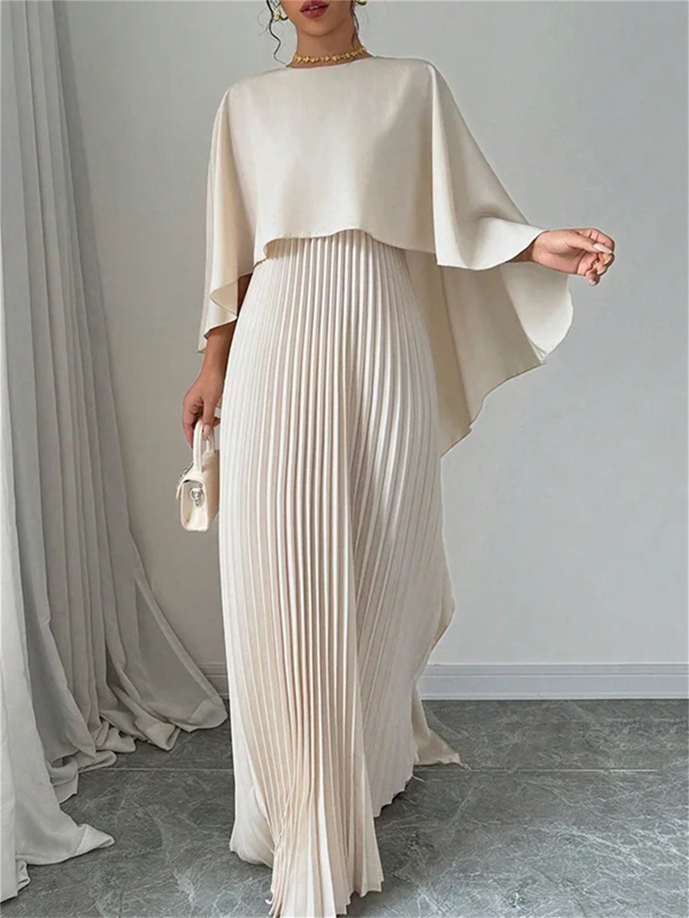 Amazon 2025 New European and American Fashionable Loose Bat-Sleeve Pleated Asymmetrical Elegant Dress for Women