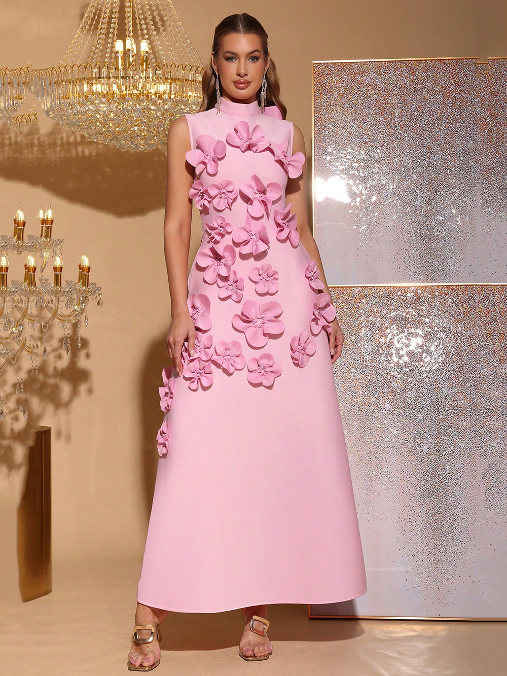 French Stereo Flower A-Line Long Skirt 2025 Summer New Style Splicing Stand-Up Collar High-End Slim Dress Women's Dress