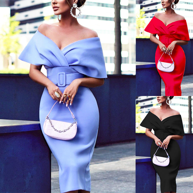 Fd522 In-Stock 2025 Autumn New Fashion Women's Solid Color Sexy Elegant V-Neck Waist Slimming Dress