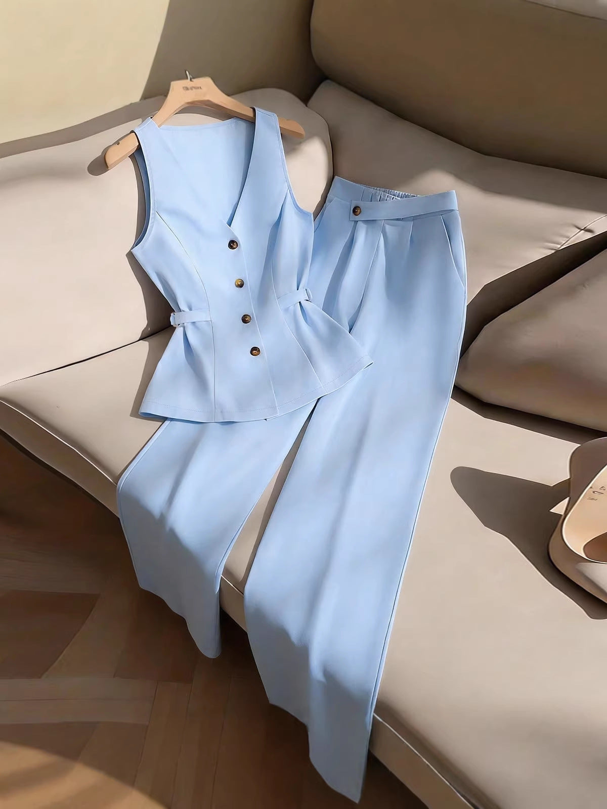 In-Stock Cross-Border Women's Clothing New European and American Fashion Commuter Suit Sleeveless Waist-Cinching Vest and Suit Pants Two-Piece Set for Women
