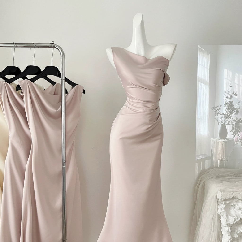 French-Style Elegant Satin Dress 2026 New Summer High-End Off-Shoulder Draped Collar Gown Mermaid Dress for Women
