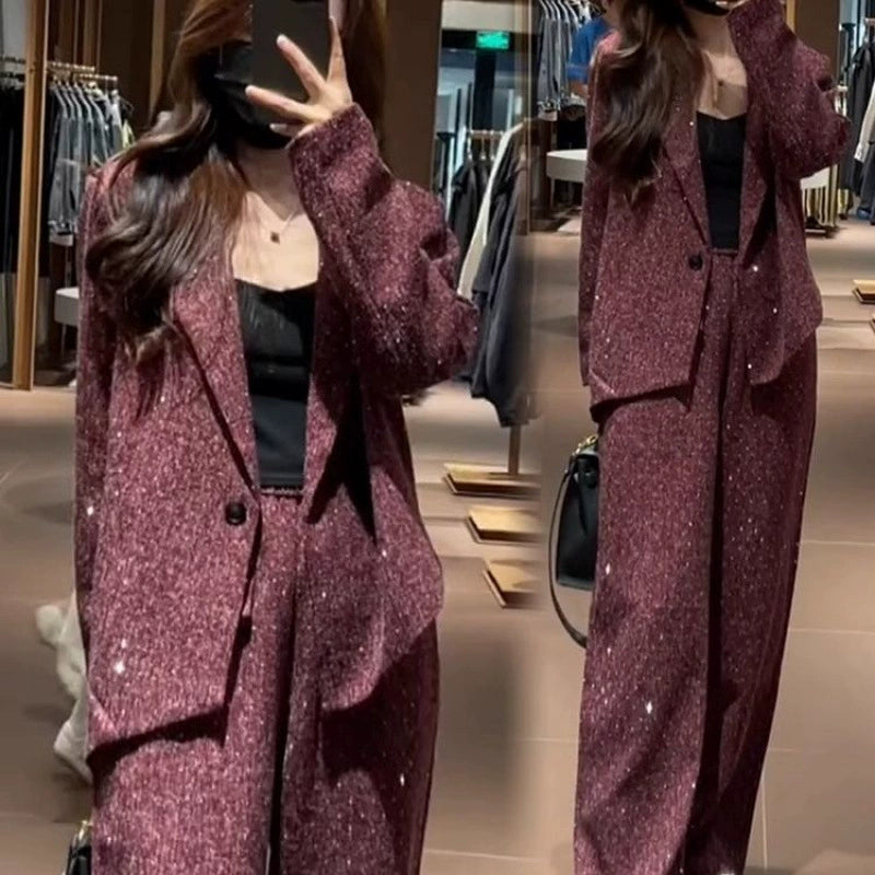 Fashionable Women's Autumn New Style Chanel-Inspired Slim-Fit Blazer and Wide-Leg Pants Two-Piece Set in Black