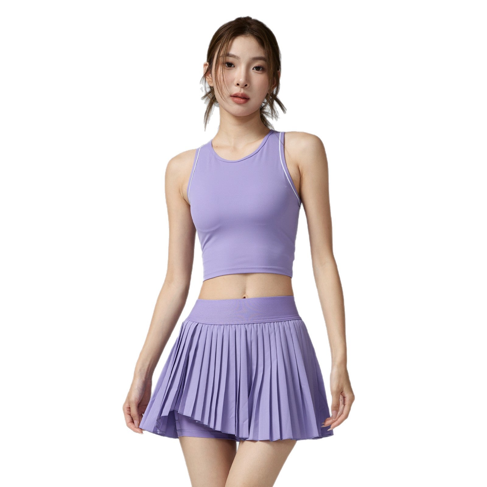 Solid Color Vest Asymmetrical Pleated Skirt Set Tennis Badminton Sports Fitness Casual Quick-Dry Yoga Outfit Set