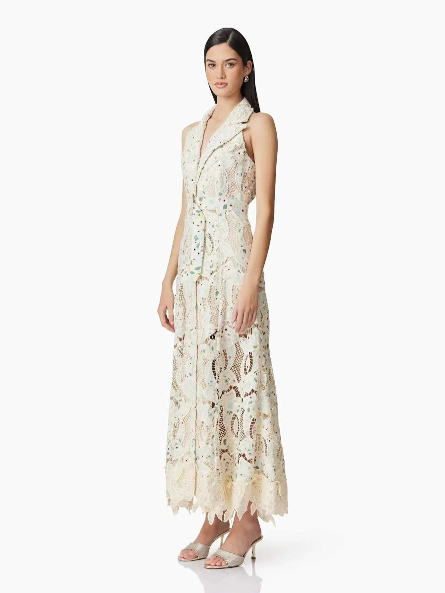 PAPARAZZI CLOSET French Fashion Elegant Lace Hollow Hook Dress Waist Sleeveless Wavy Edge Cardigan Long Skirt