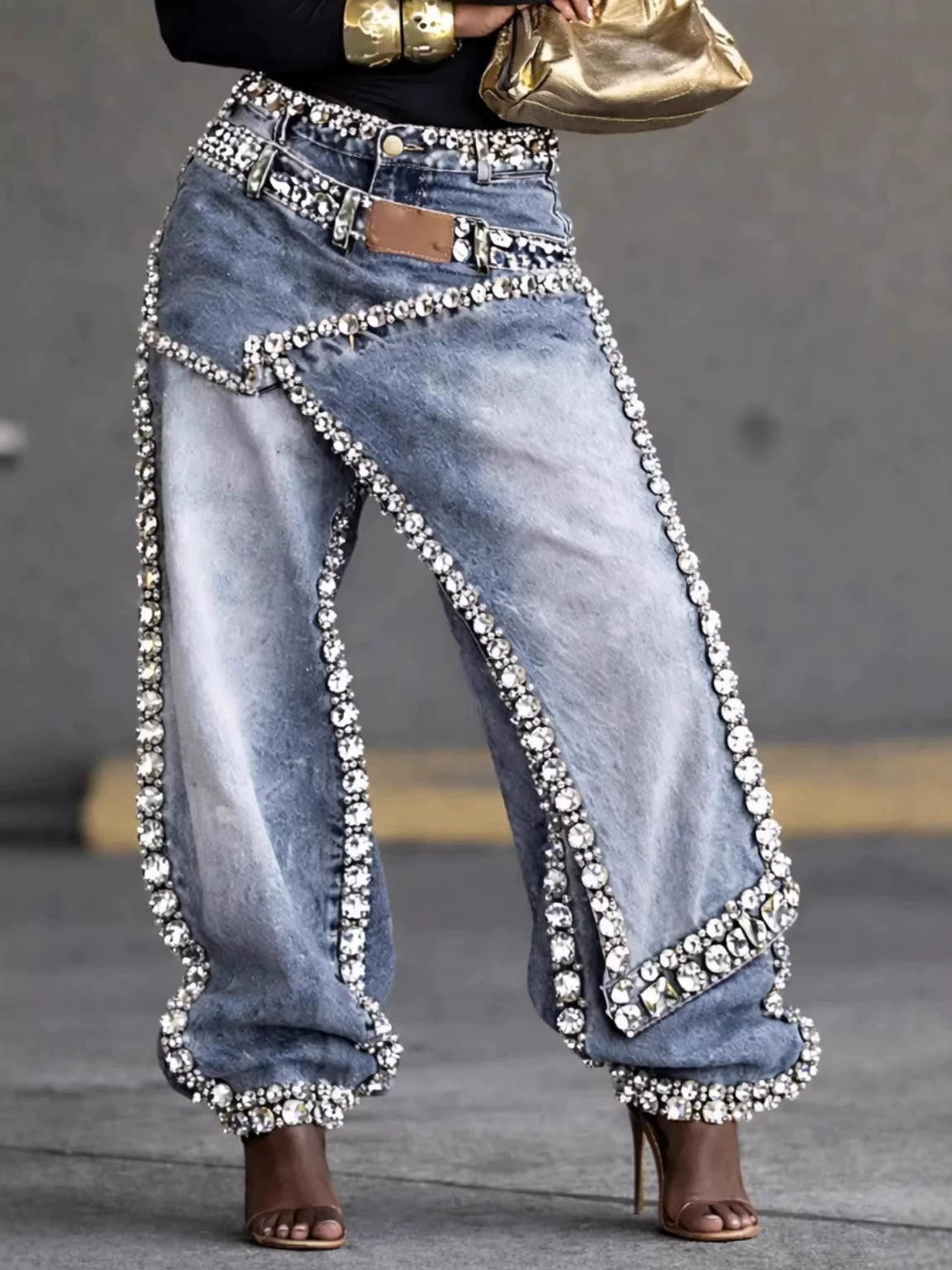 Fashionable and Unique High-Waisted Jeans 2026 New Style with Intricate Patchwork and Hand-Embellished Diamond Design, Straight Wide-Leg Pants for Women, Autumn