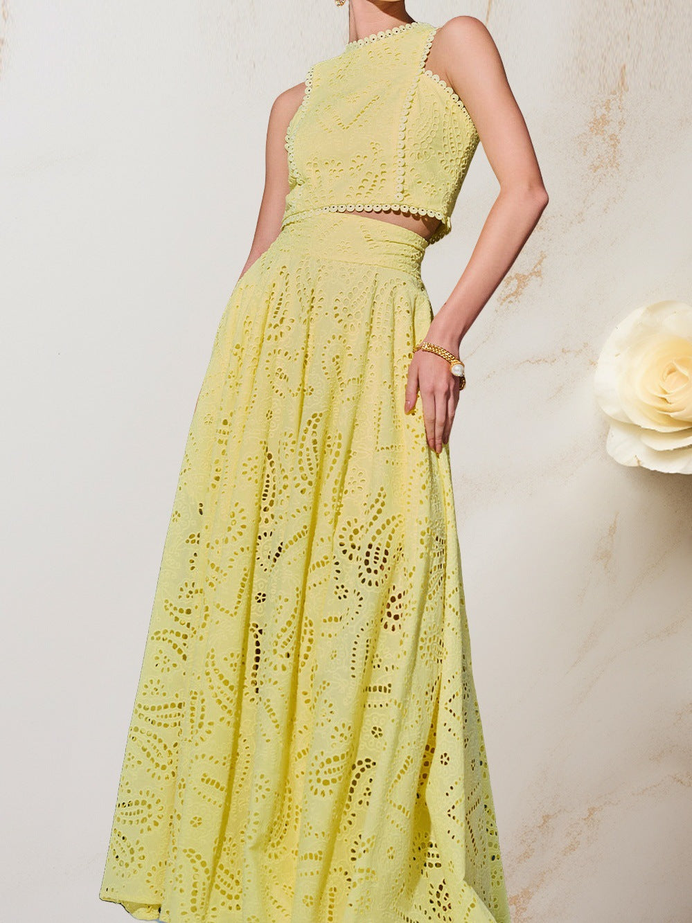 2025 Cross-border European and American Spring and Summer New Lace Women's Sleeveless Dress Pocket suit Casual Loose Two-piece Set