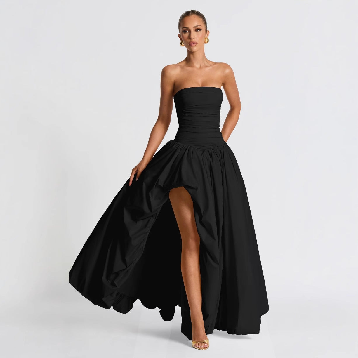 2025 Summer New Product Fresh Elegant Pure Color Lace-Up Low-Cut Slim Waist Pleated Tutu Skirt Suspender Dress