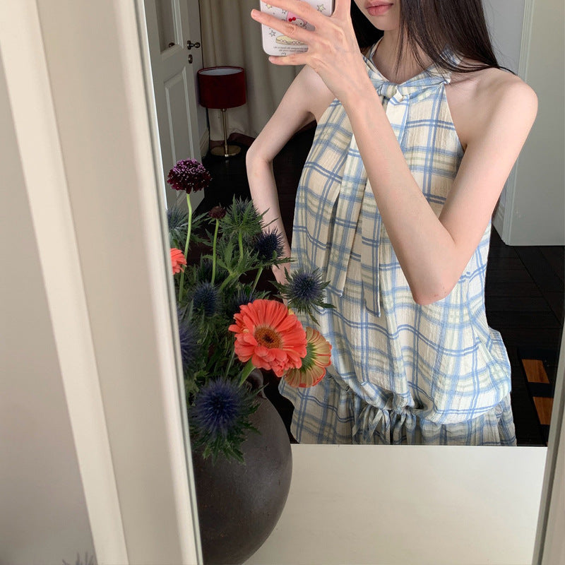 French-Style High-End Plaid Halter Neck Dress for Women, Sleeveless Summer Hot Girl Style, 2025 New French-Style Tank Dress
