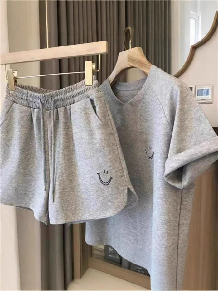 Cross-Border Smiling Face Printed Short-Sleeved Shorts Casual Sports Suit Women's Slim and Loose Korean Style Student Two-Piece Trendy Set